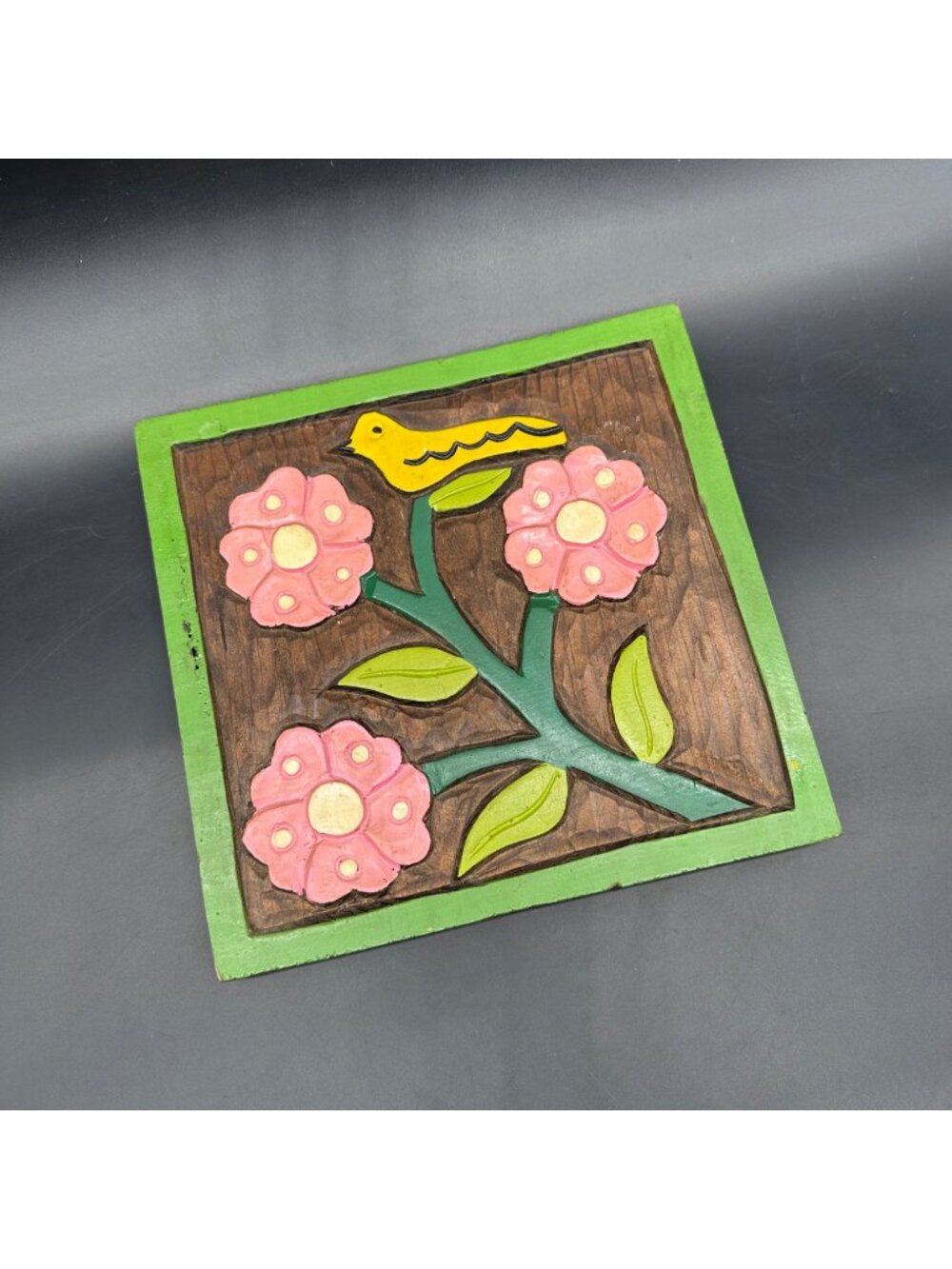Vintage Wall Hanging Flowers Bird Mexican Folk Art Hand Carved Wooden 1970s